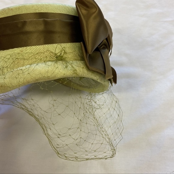 Vintage Hat Shimmer Sage Green/Olive Green Satin Bow Veiled - Picture 9 of 11